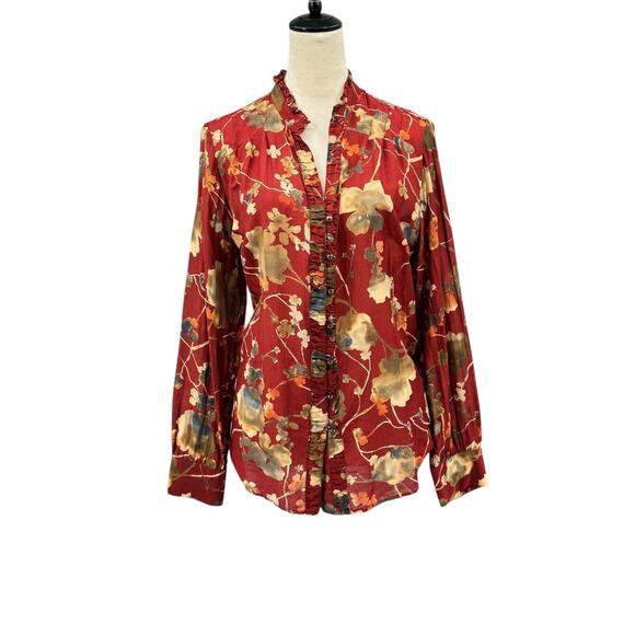 Coldwater Creek Red Floral Print Cotton Silk Blend Long Sleeve Lightweight Top - Picture 1 of 13